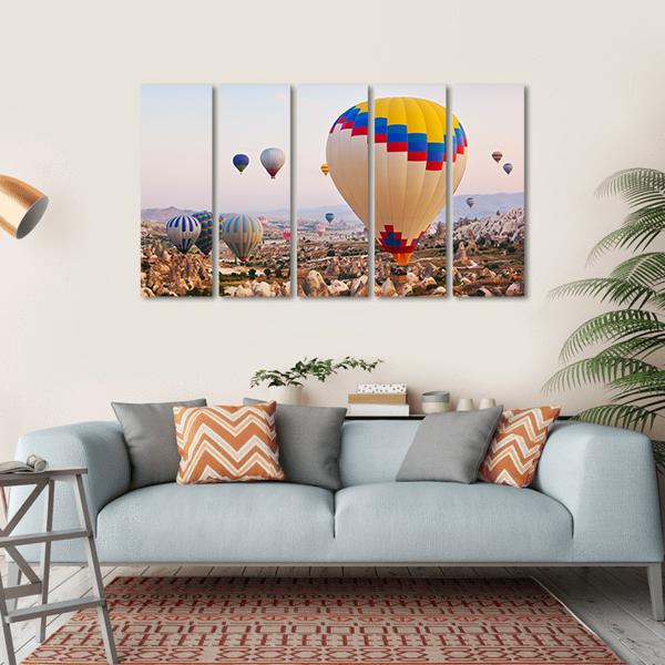 Hot Air Balloons Flying Over Cappadocia Canvas Wall Art-5 Horizontal-Gallery Wrap-22" x 12"-Tiaracle