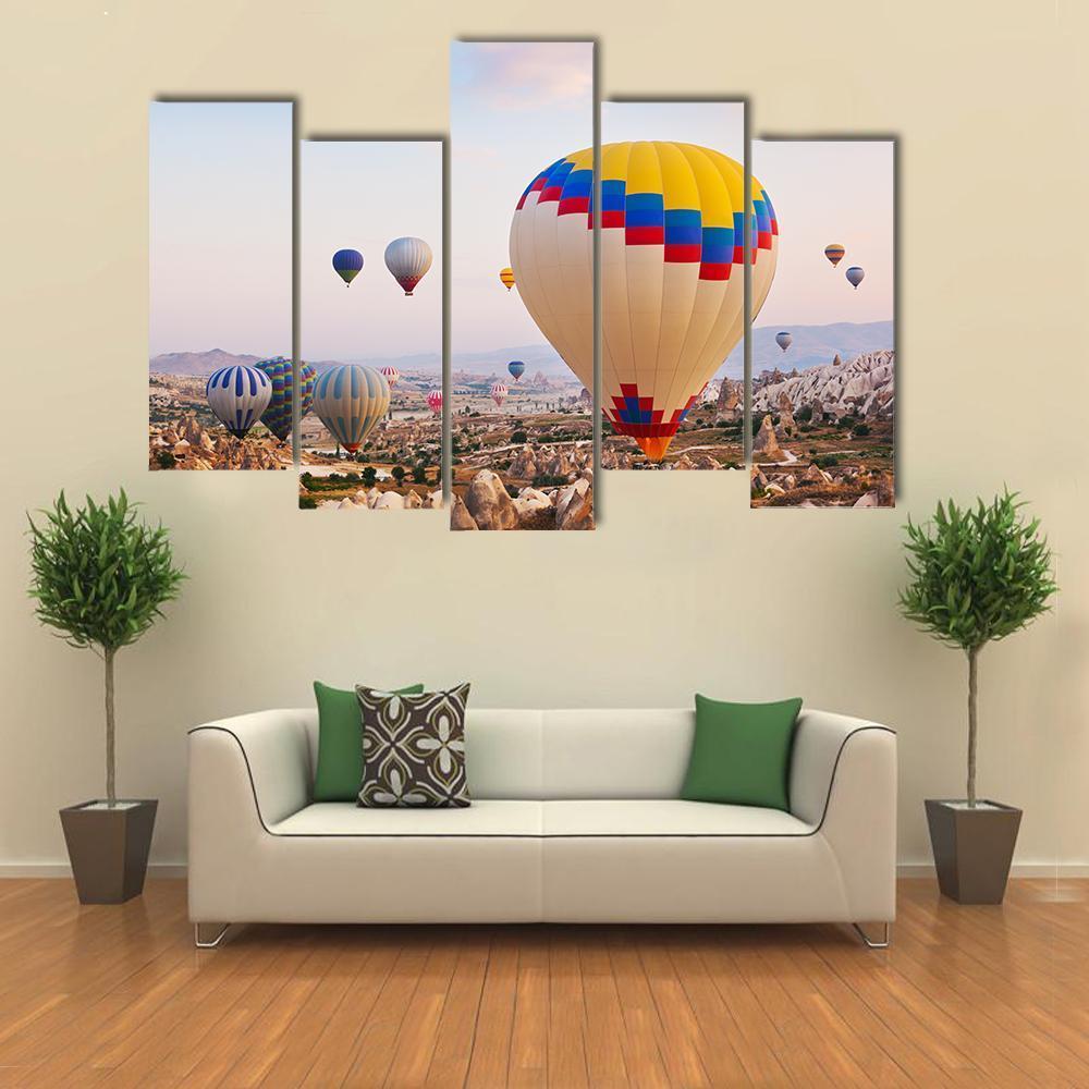 Hot Air Balloons Flying Over Cappadocia Canvas Wall Art-5 Pop-Gallery Wrap-47" x 32"-Tiaracle