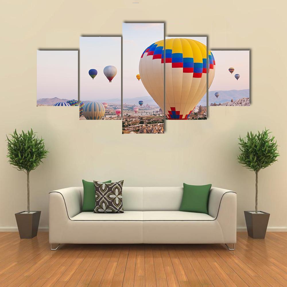 Hot Air Balloons Flying Over Cappadocia Canvas Wall Art-5 Star-Gallery Wrap-62" x 32"-Tiaracle