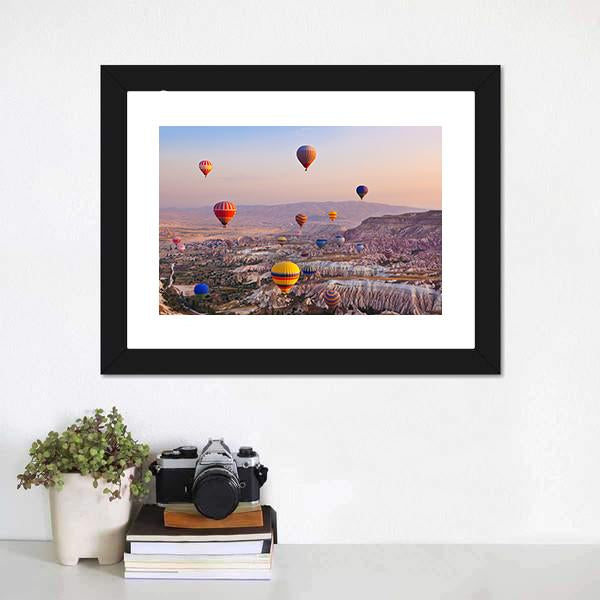 Hot Air Balloons Flying Over Rock Canvas Wall Art-1 Piece-Framed Print-20" x 16"-Tiaracle