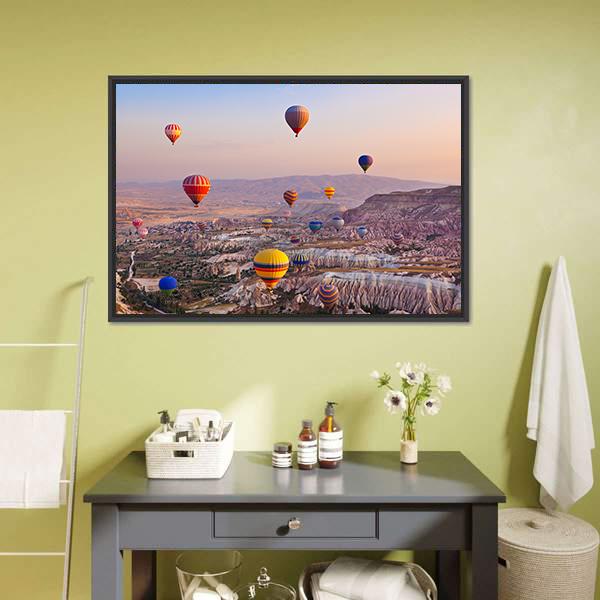 Hot Air Balloons Flying Over Rock Canvas Wall Art-1 Piece-Floating Frame-24" x 16"-Tiaracle