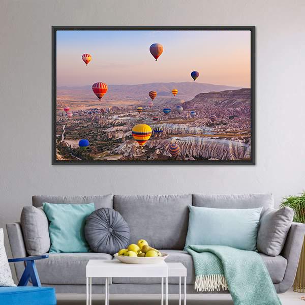 Hot Air Balloons Flying Over Rock Canvas Wall Art-5 Horizontal-Gallery Wrap-22" x 12"-Tiaracle