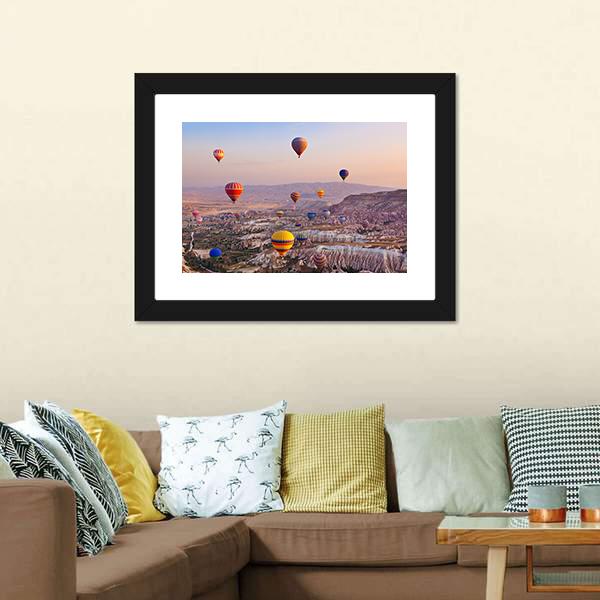 Hot Air Balloons Flying Over Rock Canvas Wall Art-5 Horizontal-Gallery Wrap-22" x 12"-Tiaracle