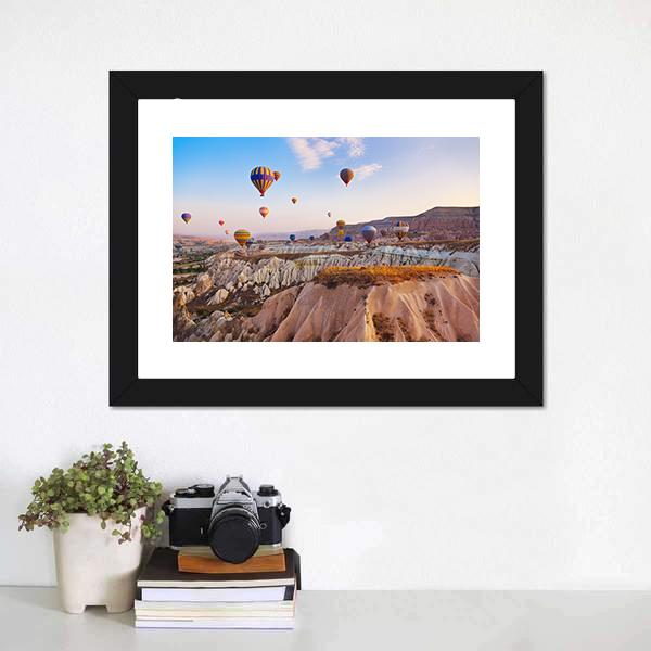 Hot Air Balloons Flying Under Blue Sky Canvas Wall Art-1 Piece-Framed Print-20" x 16"-Tiaracle