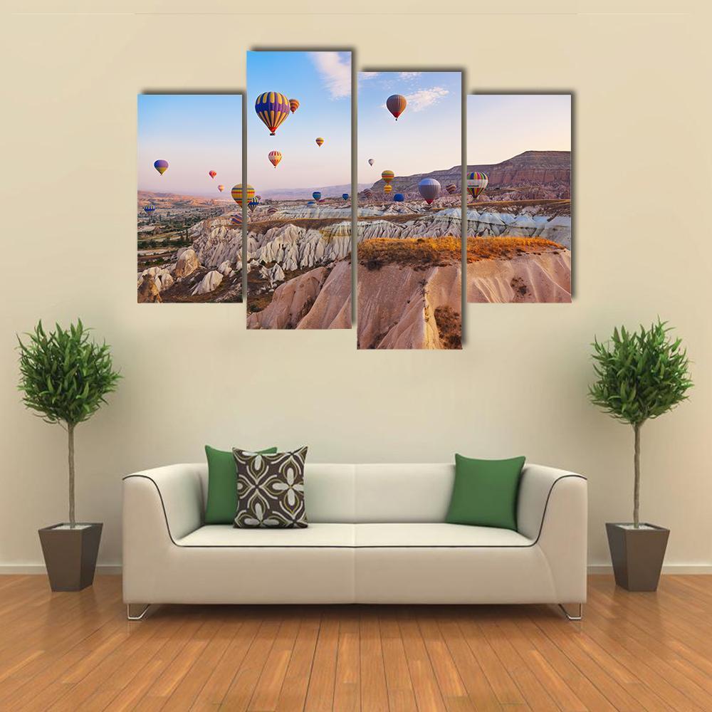 Hot Air Balloons Flying Under Blue Sky Canvas Wall Art-4 Pop-Gallery Wrap-50" x 32"-Tiaracle