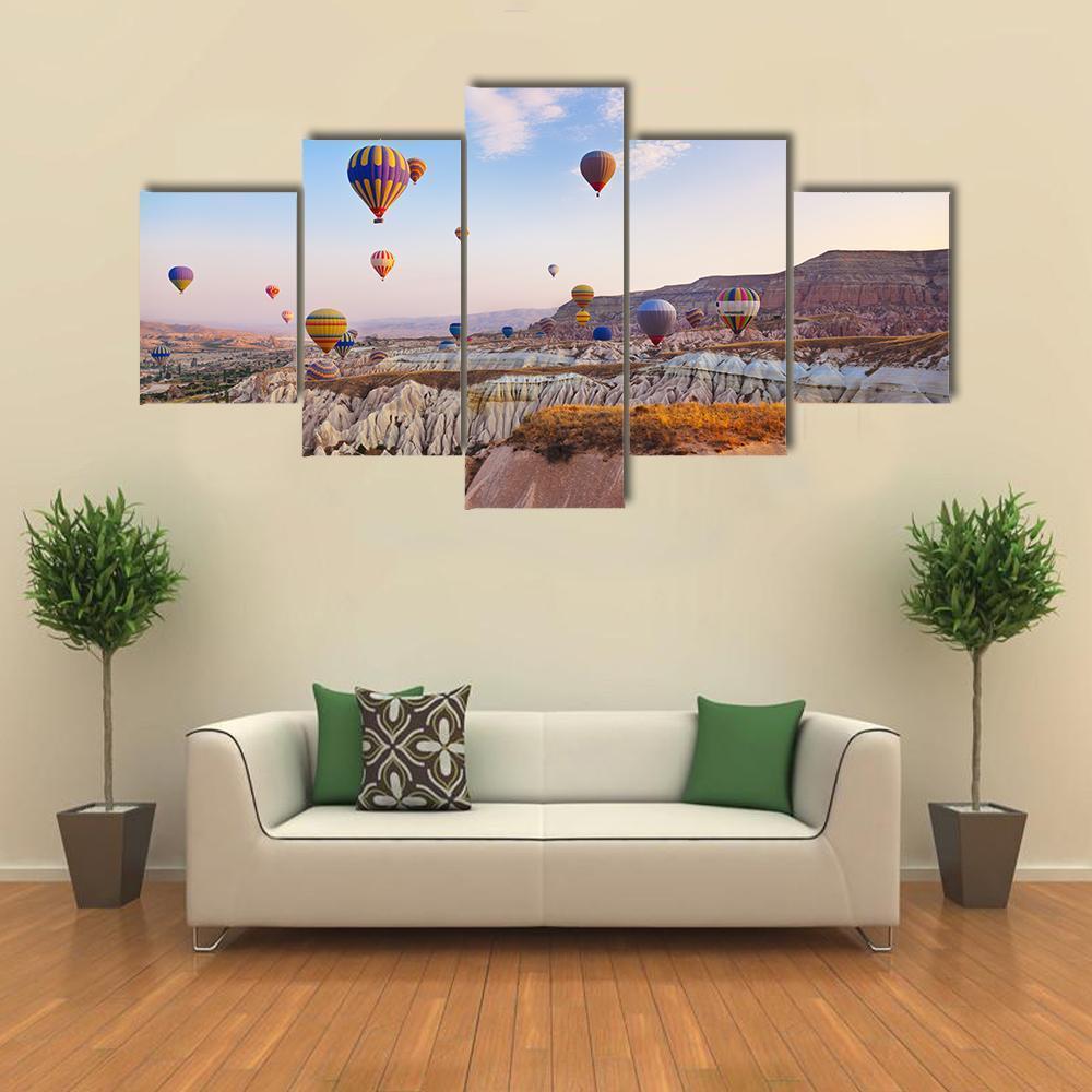 Hot Air Balloons Flying Under Blue Sky Canvas Wall Art-5 Star-Gallery Wrap-62" x 32"-Tiaracle