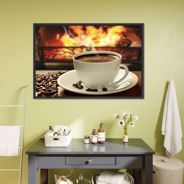 Hot Coffee Near Fireplace Canvas Wall Art-1 Piece-Floating Frame-24" x 16"-Tiaracle