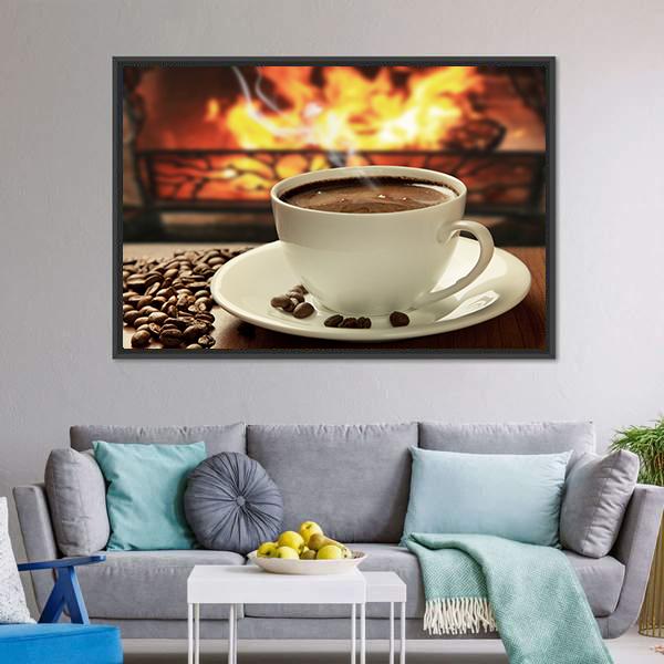 Hot Coffee Near Fireplace Canvas Wall Art-5 Horizontal-Gallery Wrap-22" x 12"-Tiaracle