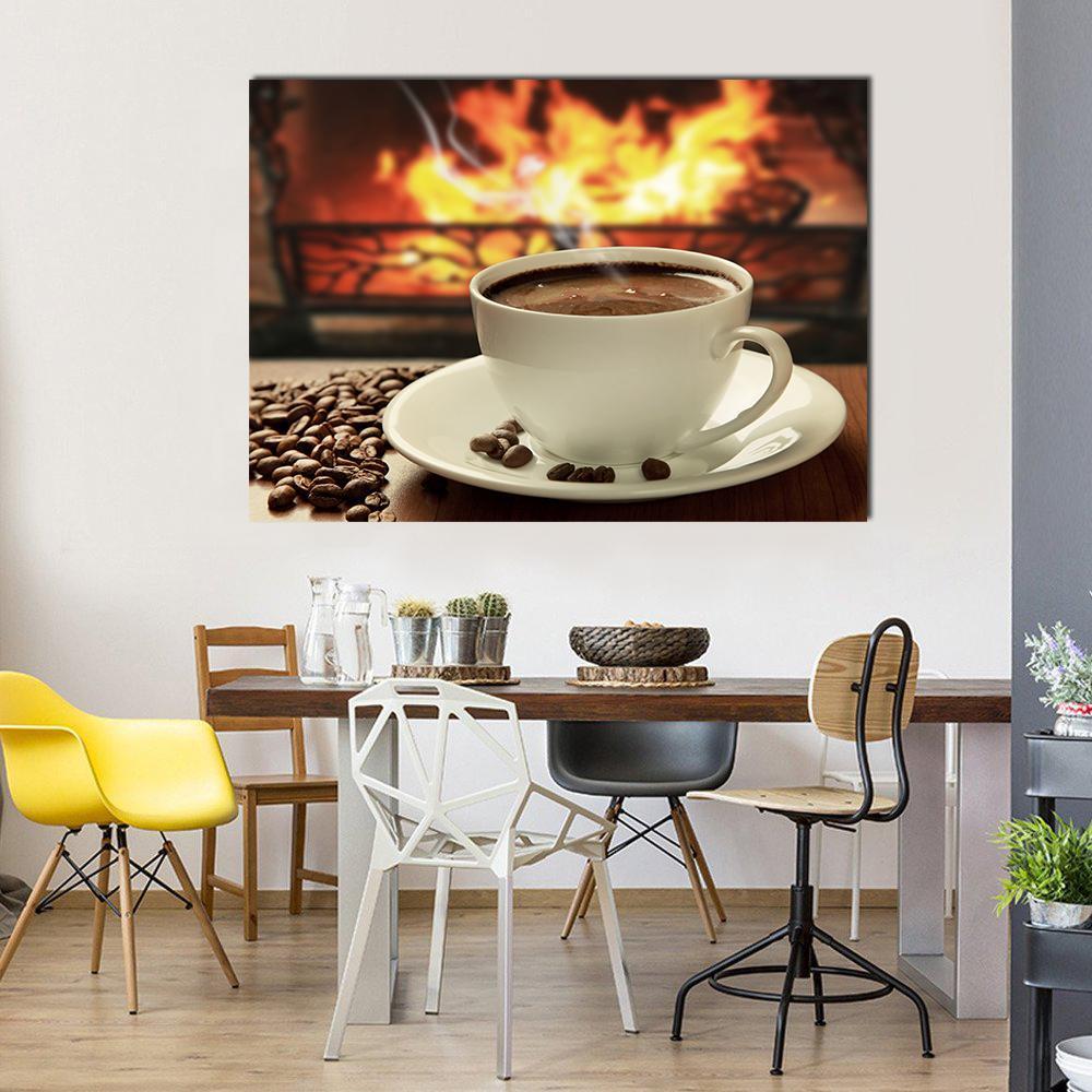 Hot Coffee Near Fireplace Canvas Wall Art in white, brown and orange, single panel hung on a wall