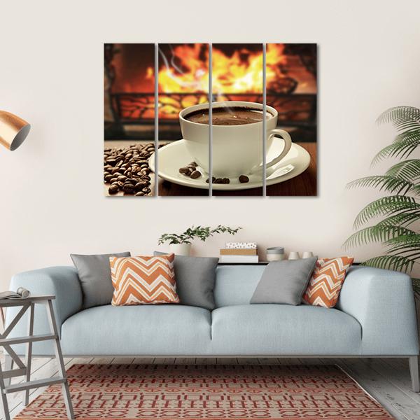 Hot Coffee Near Fireplace Canvas Wall Art-4 Horizontal-Gallery Wrap-34" x 24"-Tiaracle