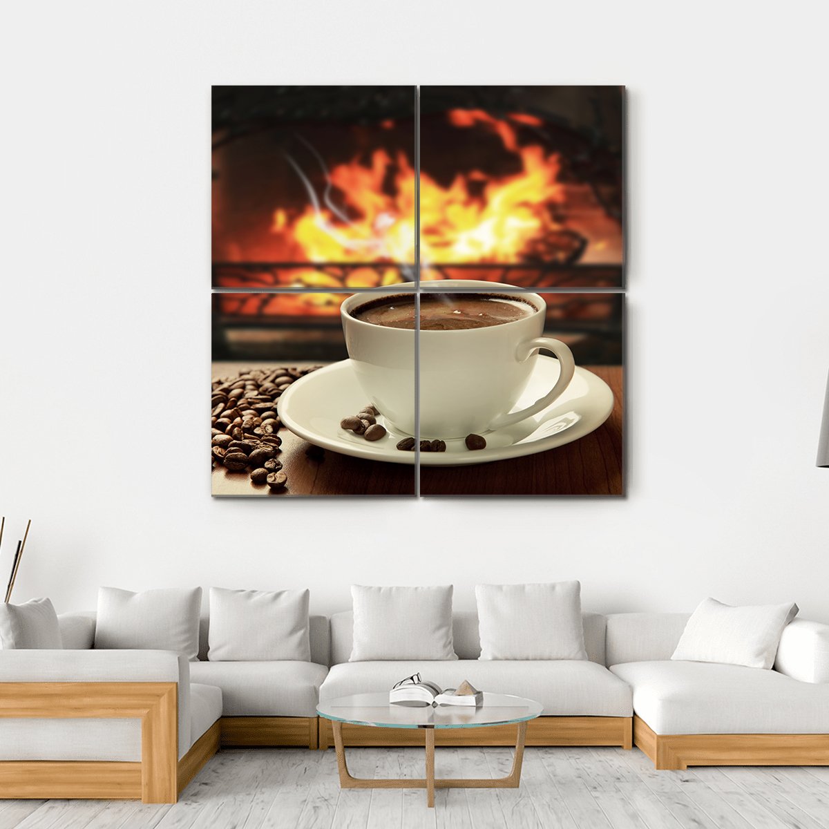 Hot Coffee Near Fireplace Canvas Wall Art-4 Square-Gallery Wrap-17" x 17"-Tiaracle