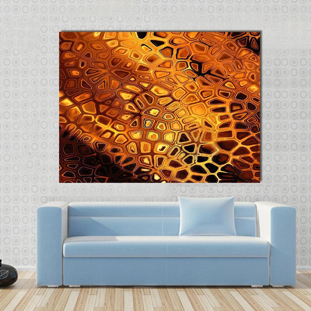 Hot Fire Peacock Feather Canvas Wall Art in black, gold and orange, single panel hung on a wall