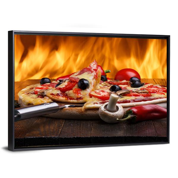 Hot Pizza With Oven Fire Canvas Wall Art-3 Horizontal-Gallery Wrap-25&quot; x 16&quot;-Tiaracle