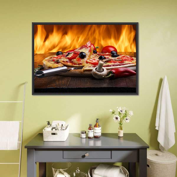 Hot Pizza with Oven Fire Canvas Wall Art in brown, orange and yellow, framed canvas, product view on a white background