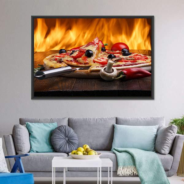 Hot Pizza With Oven Fire Canvas Wall Art-3 Horizontal-Gallery Wrap-25" x 16"-Tiaracle