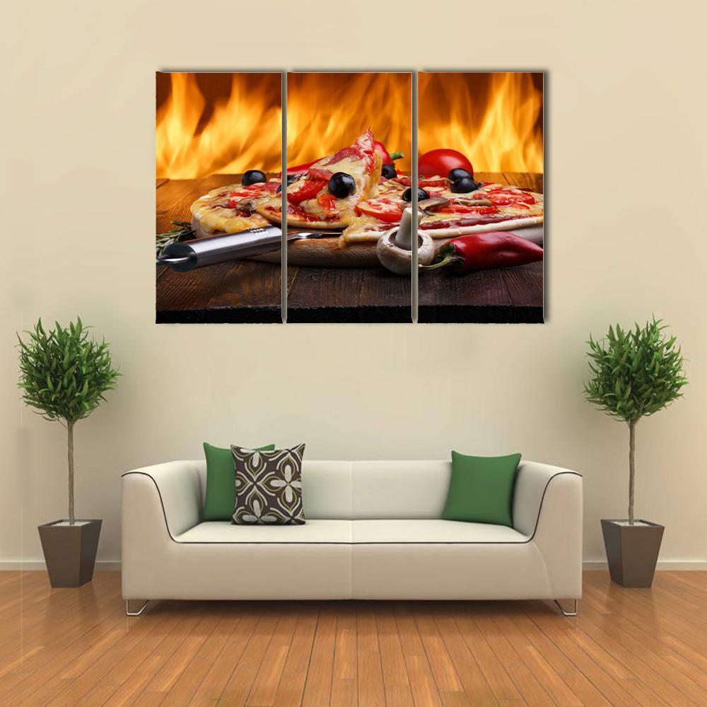 Hot Pizza With Oven Fire Canvas Wall Art-3 Horizontal-Gallery Wrap-37&quot; x 24&quot;-Tiaracle