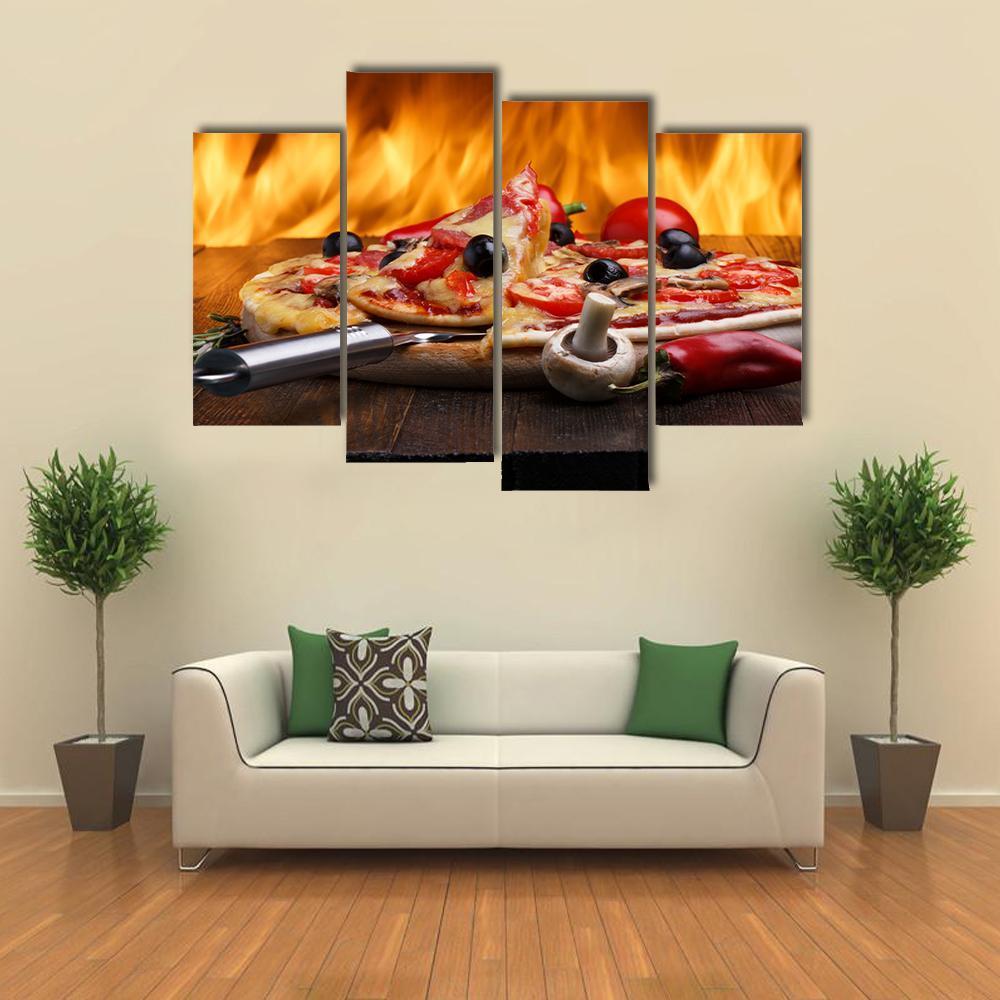 Hot Pizza With Oven Fire Canvas Wall Art-4 Pop-Gallery Wrap-50&quot; x 32&quot;-Tiaracle