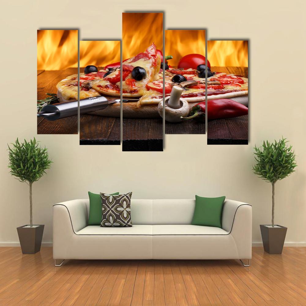 Hot Pizza With Oven Fire Canvas Wall Art-5 Pop-Gallery Wrap-47&quot; x 32&quot;-Tiaracle