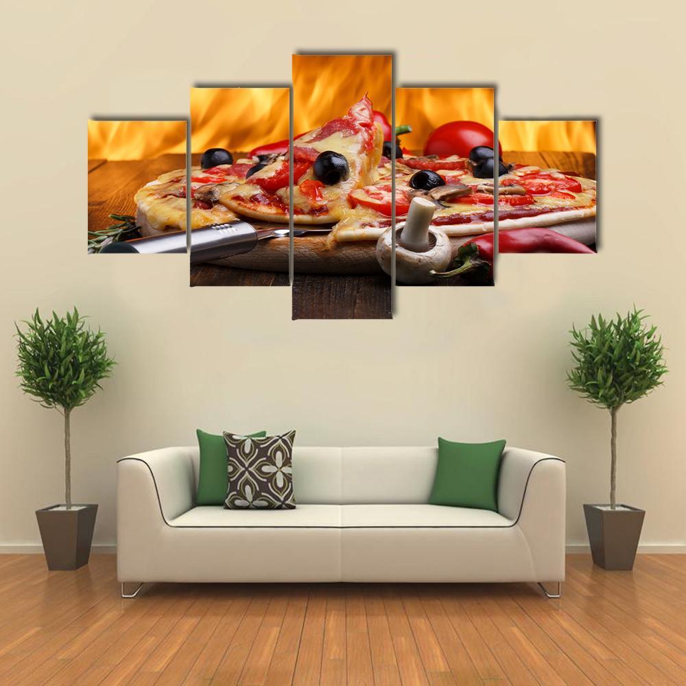 Hot Pizza With Oven Fire Canvas Wall Art-4 Pop-Gallery Wrap-50" x 32"-Tiaracle