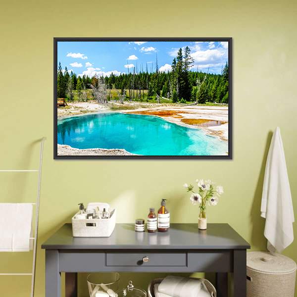 Yellowstone Turquoise Hot Spring Canvas Wall Art in beige, green and blue, framed canvas, product view on a white background