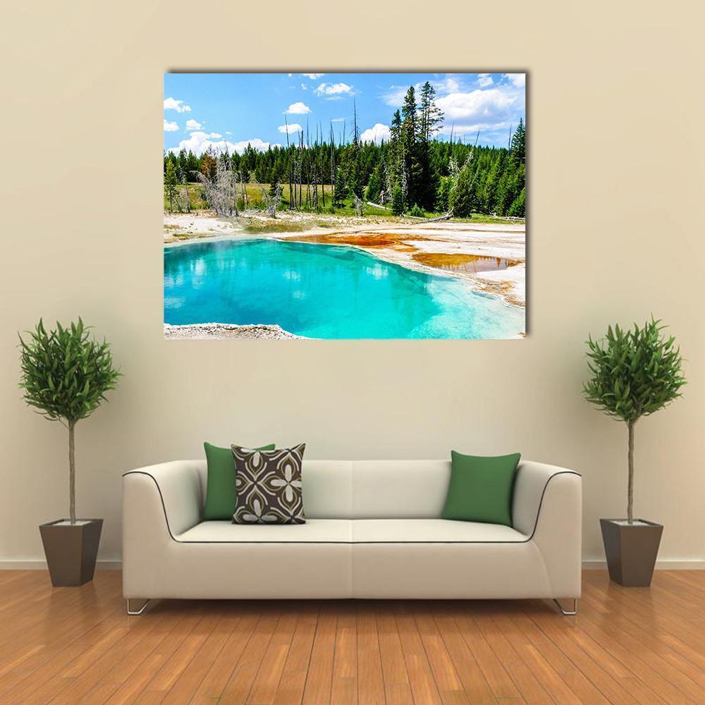 Yellowstone Turquoise Hot Spring Canvas Wall Art in beige, green and blue, single panel hung on a wall