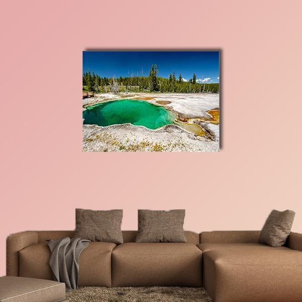 Hot Spring Abyss Pool Canvas Wall Art in white, green and blue, single panel hung on a wall