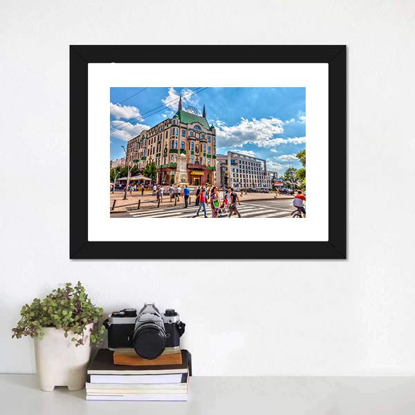 Hotel Moskva &amp; Balkanska Street Canvas Wall Art-1 Piece-Framed Print-20" x 16"-Tiaracle