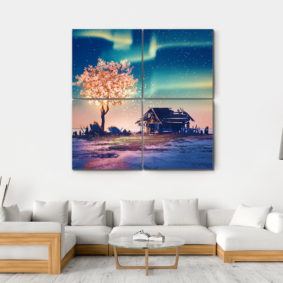 Weathered Shack and Glowing Tree Under Northern Lights Canvas Wall Art in blue, purple and pink, single panel hung on a wall