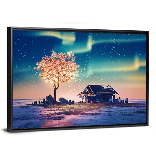 House And Tree Lights Under Northern Lights Canvas Wall Art-3 Horizontal-Gallery Wrap-25" x 16"-Tiaracle
