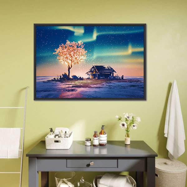 Weathered Hut with Glowing Tree Under Northern Lights Canvas Wall Art in yellow, blue and pink, framed canvas, product view on a white background