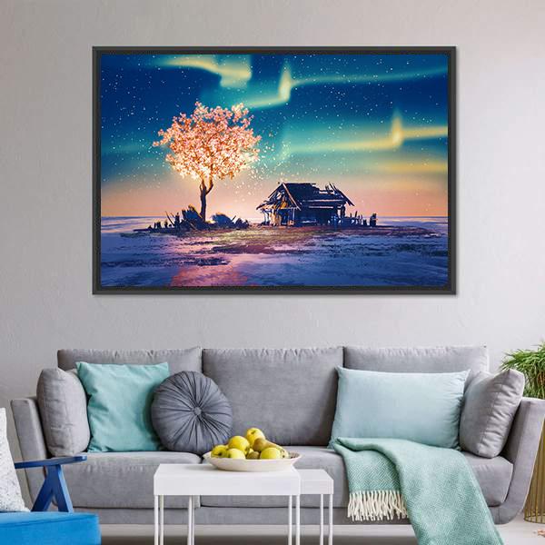 House And Tree Lights Under Northern Lights Canvas Wall Art-3 Horizontal-Gallery Wrap-25" x 16"-Tiaracle