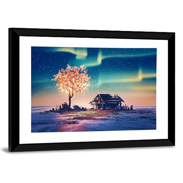 House And Tree Lights Under Northern Lights Canvas Wall Art-3 Horizontal-Gallery Wrap-25" x 16"-Tiaracle