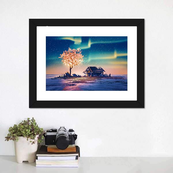 Weathered Hut with Glowing Tree Under Northern Lights Canvas Wall Art in yellow, blue and pink, 5 panel Pop layout hung on a wall