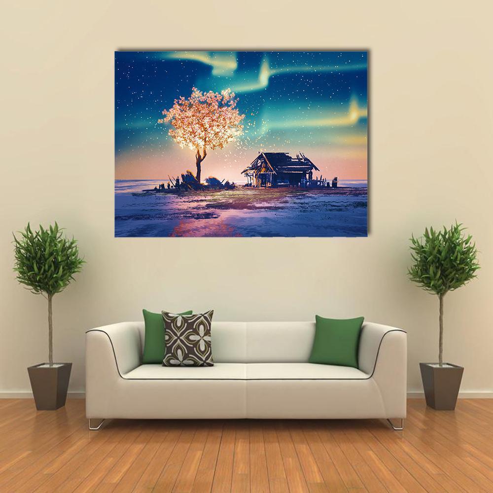Weathered Hut with Glowing Tree Under Northern Lights Canvas Wall Art in yellow, blue and pink, 5 panel Pop layout hung on a wall