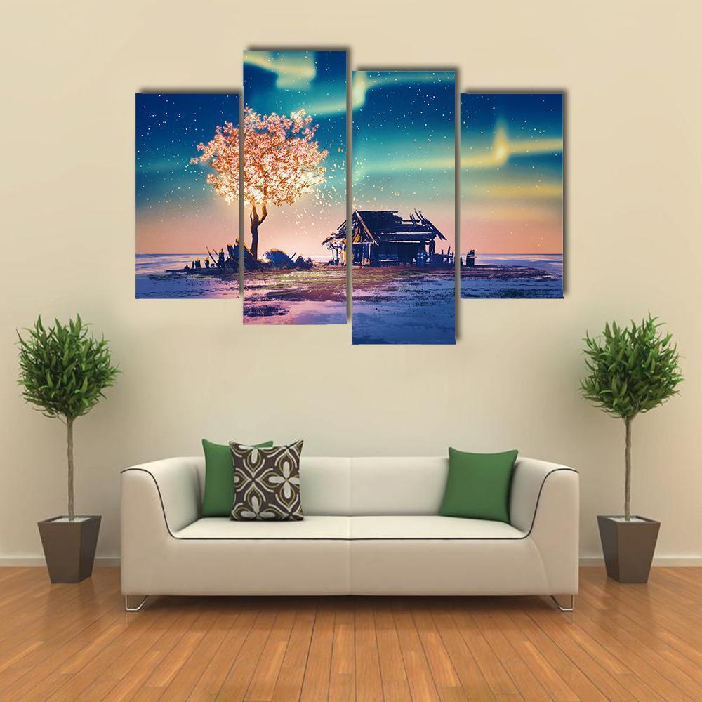 Weathered Hut with Glowing Tree Under Northern Lights Canvas Wall Art in yellow, blue and pink, 5 panel Pop layout hung on a wall