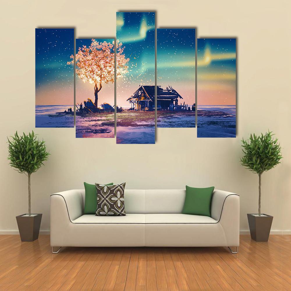 House And Tree Lights Under Northern Lights Canvas Wall Art-5 Pop-Gallery Wrap-47" x 32"-Tiaracle