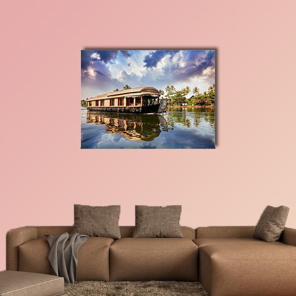 Houseboat on River with Palm Trees Canvas Wall Art in white, brown and blue, single panel hung on a wall