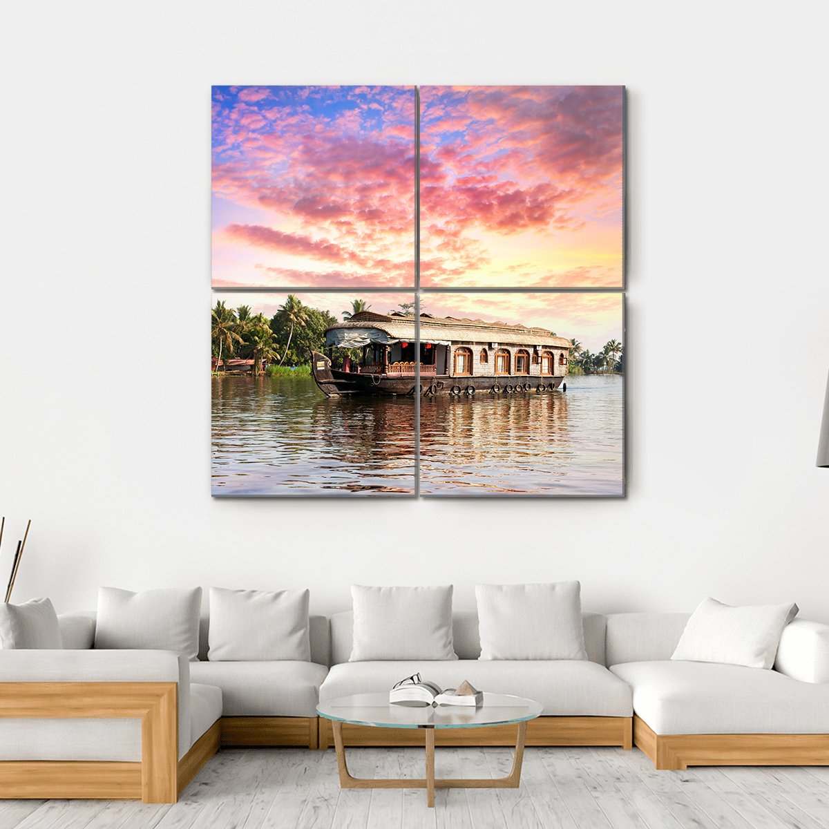 House Boat In Kerala Canvas Wall Art-4 Square-Gallery Wrap-17" x 17"-Tiaracle
