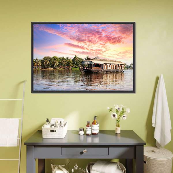Kerala Houseboat at Sunset Canvas Wall Art in orange, blue and pink, framed canvas, product view on a white background