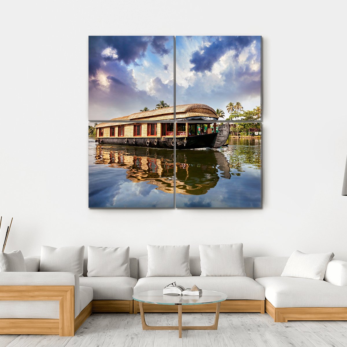 House Boat In Kerala India Canvas Wall Art-4 Square-Gallery Wrap-17" x 17"-Tiaracle