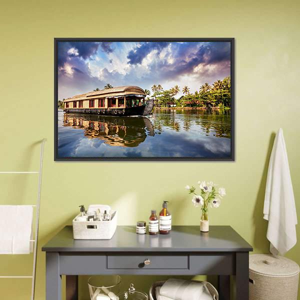 House Boat In Kerala India Canvas Wall Art-1 Piece-Floating Frame-24" x 16"-Tiaracle