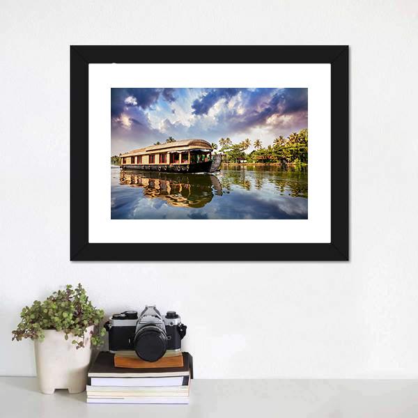 House Boat In Kerala India Canvas Wall Art-1 Piece-Framed Print-20" x 16"-Tiaracle