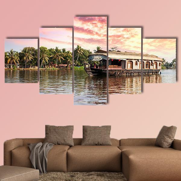 House Boat In Kerala Canvas Wall Art-5 Star-Gallery Wrap-62" x 32"-Tiaracle