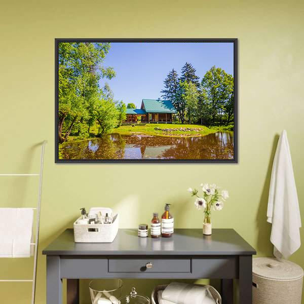 House In Countryside Near Lake Canvas Wall Art-1 Piece-Floating Frame-24" x 16"-Tiaracle