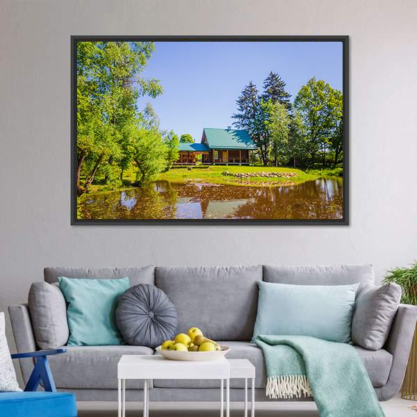 House In Countryside Near Lake Canvas Wall Art-3 Horizontal-Gallery Wrap-25" x 16"-Tiaracle
