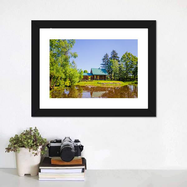 House In Countryside Near Lake Canvas Wall Art-1 Piece-Framed Print-20" x 16"-Tiaracle