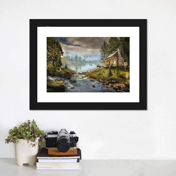House In Forest With Stream Canvas Wall Art-1 Piece-Framed Print-20" x 16"-Tiaracle