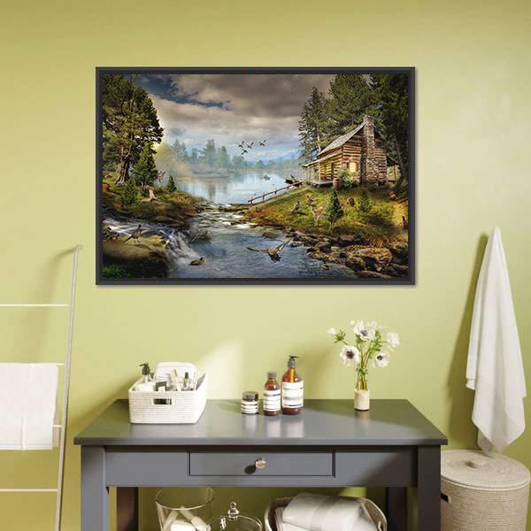 House In Forest With Stream Canvas Wall Art-1 Piece-Floating Frame-24" x 16"-Tiaracle