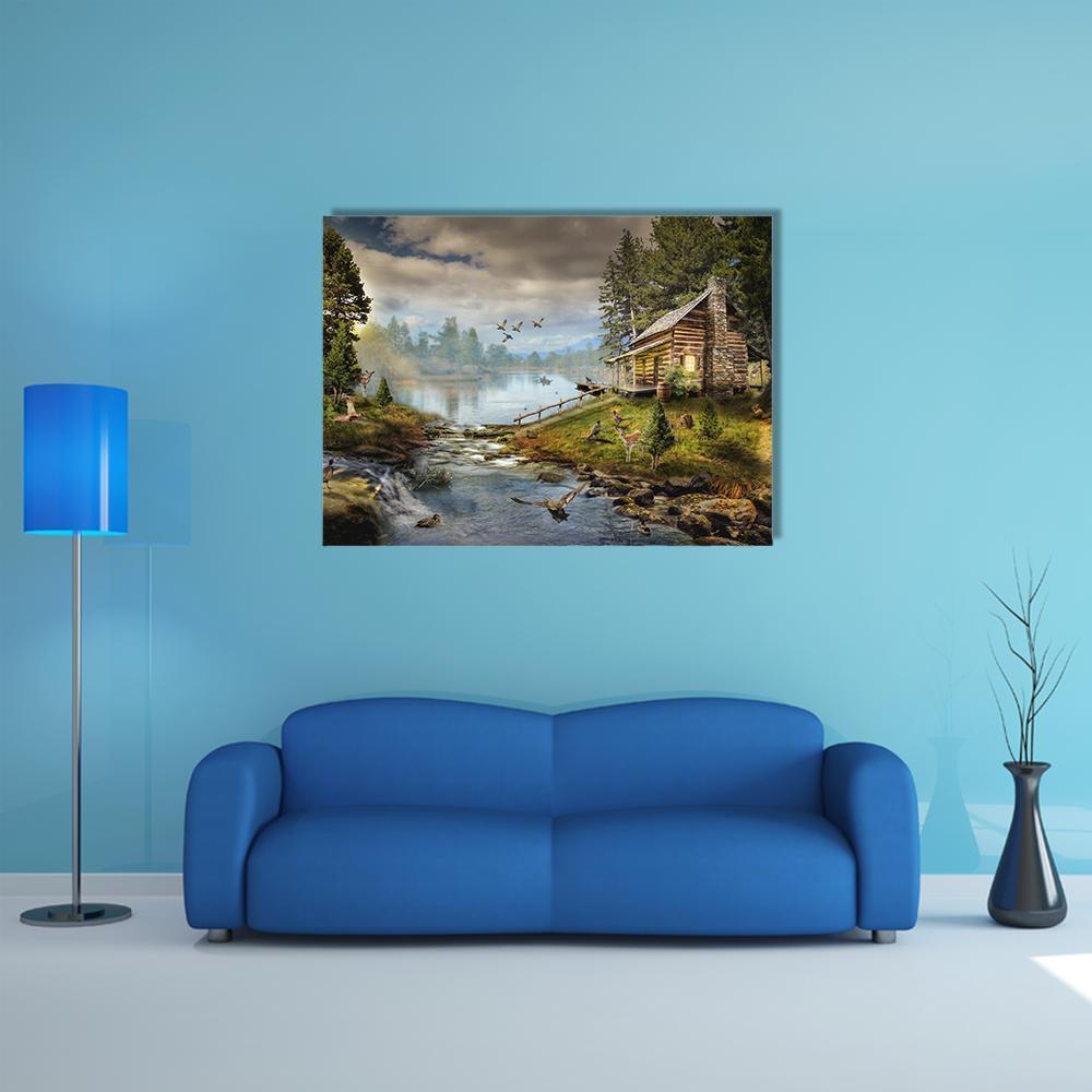 House In Forest With Stream Canvas Wall Art-4 Horizontal-Gallery Wrap-34" x 24"-Tiaracle