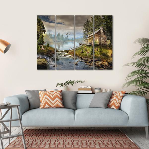 House In Forest With Stream Canvas Wall Art-4 Horizontal-Gallery Wrap-34" x 24"-Tiaracle